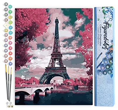 Figured'Art Peinture par Numéro Adulte Tour Eiffel au Printemps - Activité Manuelle Kit de Loisir Créatif DIY Numéro d'Art Complet - 40x50cm sans châssis en bois