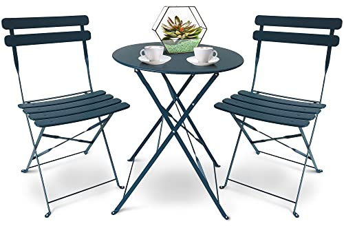 SUNMER Patio Bistro Set 3 Piece with Foldable Table and Chairs - Powder Coated Steel Frame, Easy to Transport, Each Chair can Support 120kg - Ideal for Gardens, Patios, Balconies - Blue