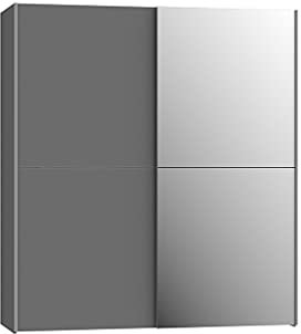 JEIK Kleiderschrank mit 2 Schiebetüren, 5 Einlegeböden, Dunkelgrau, verspiegelt