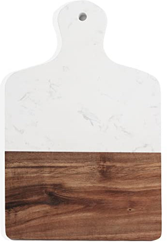 Azauvc Planche à découper avec marbre et bois naturel, planche de service pour steak et fruits avec poignée, planche à découper pour pain comme plateau de service (blanc)