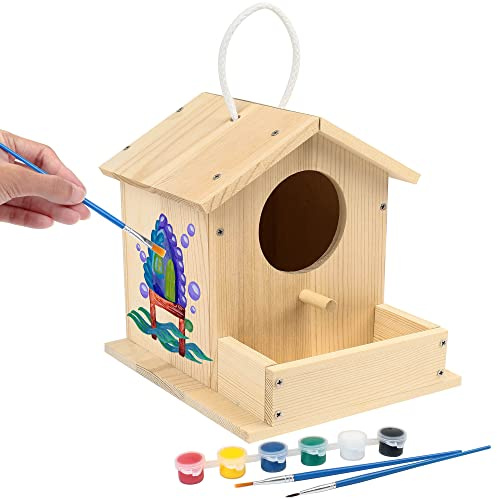 LotFancy Bird House Kit, DIY Wooden Birdhouse Kits, Arts and Crafts Painting Kits for Kids Ages 4+, Build and Paint, Including Paints & Brushes