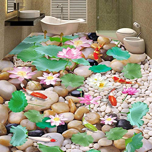 Kieselsteine, Lotus-Karpfen, 3D-Landschaft, Bodenbelag, Fliesen, Wandbild, Tapete, Badezimmer, Schlafzimmer, PVC, wasserdicht, Vinyl-Bodenaufkleber, 250 x 175 cm
