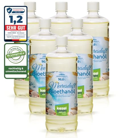 KieselGreen Bioethanol 6 x 1 Liter mit Duft für Ethanol-Kamin, viele Sorten - Bio Ethanol als Raumduft in vielen Duftnoten - Parfüm für Bio Ethanol Kamin Indoor oder Bioethanol Tischfeuer (Meer)