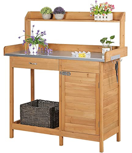 Yaheetech Table de Rempotage Table Jardinage avec Tiroirs Crochet et Armoires de Rangement Surface Métallique Galvanisé pour Balcon/Terrace/Jardin 112cm X 46.5 cm X 125 cm