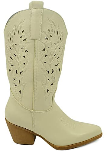 Stivali Donna camperos Texani Beige Crema Pelle Forato Tacco Western Comodo Gomma Altezza Meta' Polpaccio (41 EU)