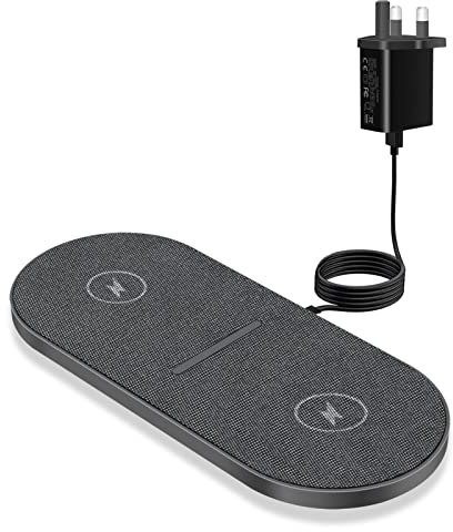 Dual 20W Wireless Charger, FDGAO 2 in 1 Fast Wireless Charging Pad Station Compatible with iPhone 12 13 14 15 16 Pro Max/11/XS, Airpods, Samsung Galaxy/Note, Galaxy Buds and more (With AC Adapter)