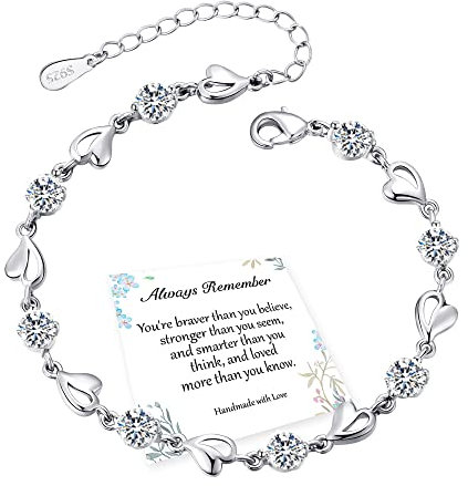 EXGOX Silver Bracelet for Women,925 Sterling Silver Love Shiny Crystal Diamond Adjustable Heart Bracelet for Women Girls