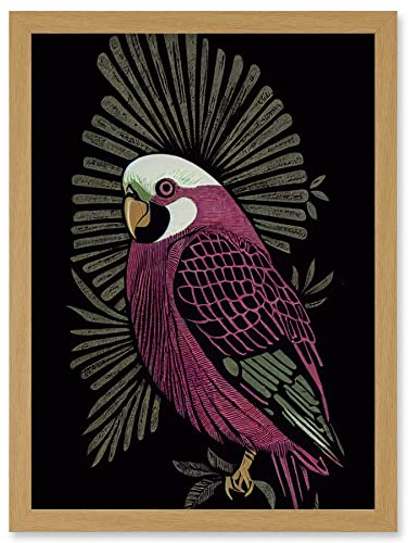 Wee Blue Coo Tropical Bird Jungle Deep Green Linocut Retro Vintage Artwork Framed Wall Art Print A4