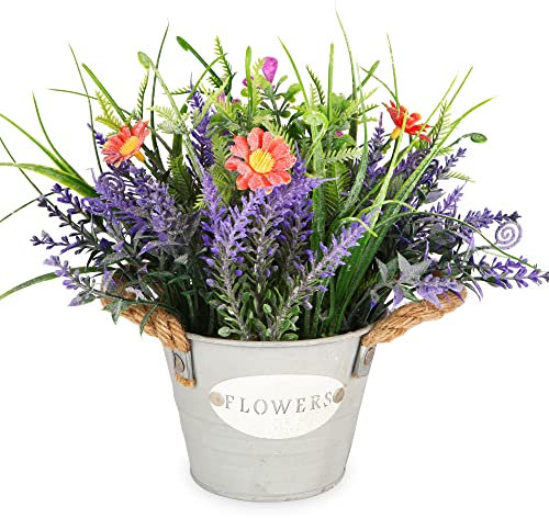 Fiori finti Piante finte viola artificiali di lavanda in vaso zincato con margherita arancia altezza 24cm realistiche in vaso finto per casa, ufficio, soggiorno, tavolo, camera da letto decorazioni