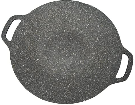 Koreanische Grillpfanne, Koreanische Grillpfanne, Schwarz, Gebogene Form, Geriffelte Textur, Doppelgriffe für Camping (30cm)