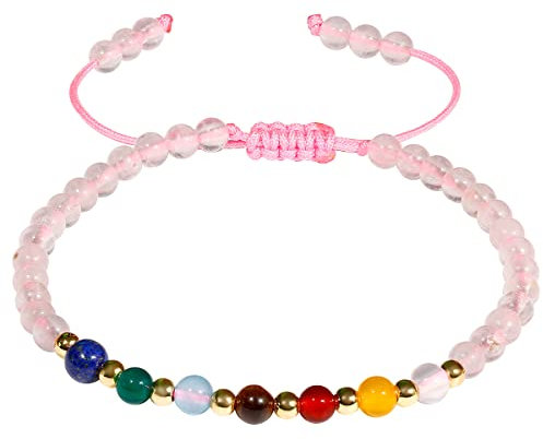 Jewboo 7 Chakra Bracelets for Women Real Stone Lucky Rope Crystal Bead Bracelet Crystals and Healing Stones Jewelry Birthday Gifts (Rose Quartz)