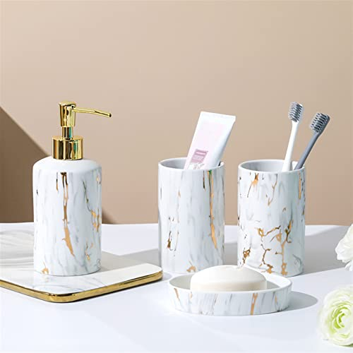 GIBZ Badezimmer Zubehör Set Modernes Keramik 4 Teiliges Badezimmer Set Luxus Arbeitsplatten Zubehör Set Seifenschale, Zahnbürstenhalter, Seifenspender, Badezimmerbecher Weiss