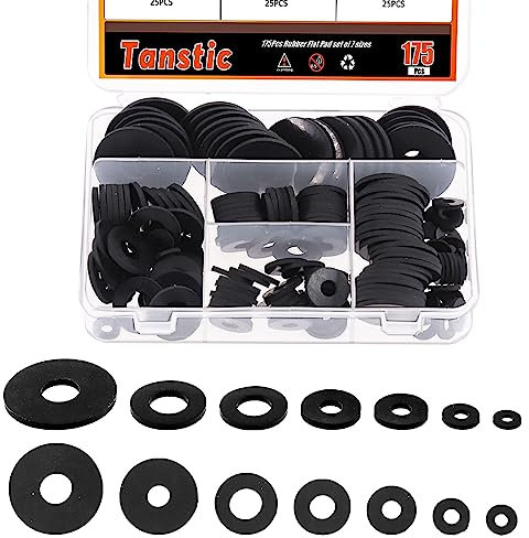 Tanstic Kit assortito di rondelle piatte in gomma nera, 175 pezzi, 7 misure, cuscinetti antivibranti resistenti in gomma nera, rondelle piatte per rubinetti, viti e bulloni