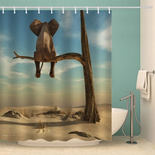 MOXINO Elefant Duschvorhang Anti-Schimmel 120x180 cm Polyester Stoff Textil Waschbar Badvorhang 3D Lustiger Elefant Motiv Design Shower Curtain Wasserdicht Badezimmer Vorhänge mit 12 Haken