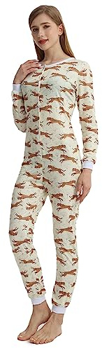 QIYUANT Damen Jumpsuit Onesie Pyjama Sanft Schlafanzug Einteiler Strampler Lang Button-Down Overall Langarm Frühling Herbst Winter Weihnachten Nachtwäsche Homewear (Leopard, S)