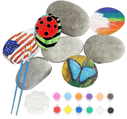 DAGORD 8 Pezzi Sassi da Dipingere Piatti 5-7 cm Ciottoli Naturali Pietre Piatte Per La Pittura Ciottoli per La Pittura con 12 Colori 2 Pennelli e 1 Tavolozza per Decorative per Acquario e Giardino