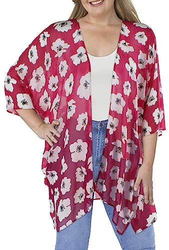 Anne Klein Womens Sheer Duster Kimono, Pink Pansy/B White, Large