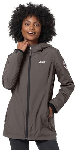MARIKOO Übergangsjacke Damen (XS-XXL) - Atmungsaktiv, Innen Samtweicher Stoff, Kapuze, Winddicht - leichte Jacke lang - Stehkragen, 3 Taschen, verlängerter Zipper - Anthra S