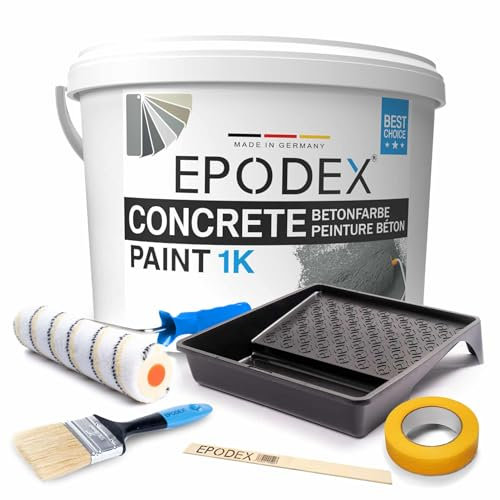 EPODEX PINTURA PARA HORMIGÓN 1K CON ACCESORIOS – Para hormigón, paredes y suelos – Alta cobertura, resistente a rayos UV y abrasión – Interior y exterior sin agua constante – 3,3kg (23m² con 2 capas)