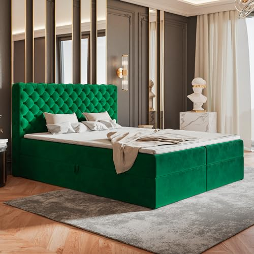 MOTIVENA Nero Chesterfield Boxspringbett 180x200 mit Bettkasten und Topper, Polsterbett 180x200 mit Bettkasten, Bonell-Matratze (H4), T28 Schaumstoff Topper (H3), Chester, Samt, Grün