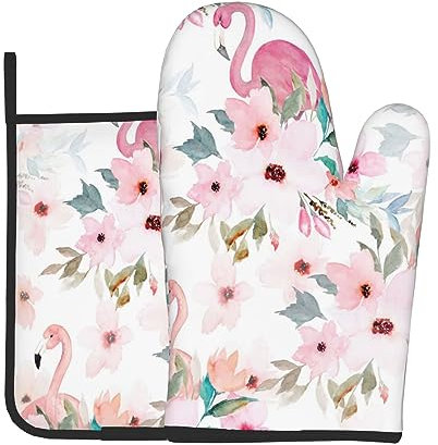 Ensemble de maniques et maniques florales avec flamant rose et gants de four à micro-ondes, tapis de cuisson, gants de four, gants de four résistants à la chaleur
