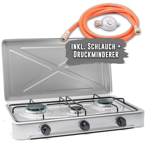 TruWare Gaskocher 3 flammig Campingherd Gas Kochfeld tragbarer Gasherd für Gasflasche mit Schlauch | 2,5kW … (silber)