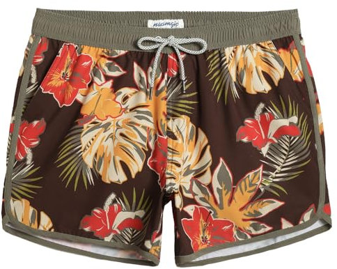 MaaMgic Herren Badeshorts Vintage Retro Badehosen 4 Way Stretch Schnelltrocknend mit Mesh-Futter und Verstellbarem Tunnelzug MEHRWEG,New Rotbraun Blumen 4.5,XXL