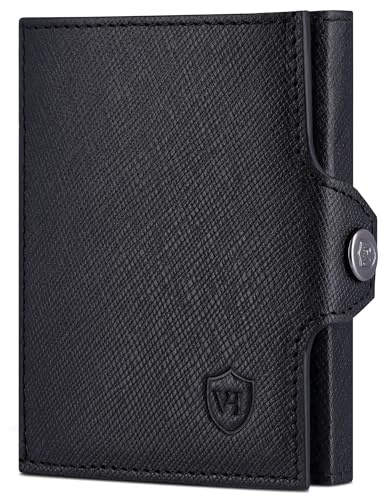 VON HEESEN Slim Wallet mit Münzfach & RFID-Schutz - Mini Geldbörse Herren & Damen - Kartenetui Kreditkartenetui - Portmonee Geldbeutel Portemonnaie klein Schwarz Saffiano