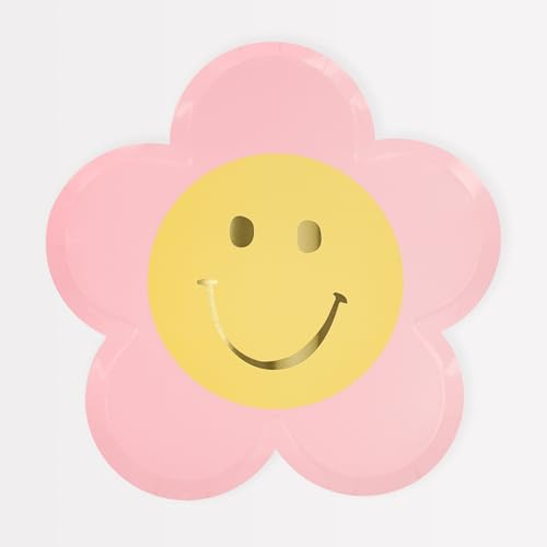 Meri Meri Happy Face Flower Plates, Pack of 8 Disposable Paper Plates, Flower Shaped with Smiley Face Gold Foil Details – Great for Kids Birthday Party Supplies, Groovy Party Decorations, and More