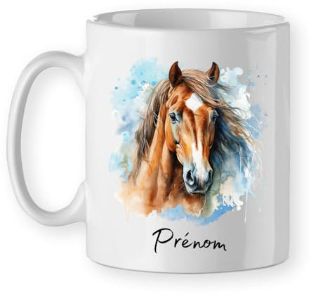 Mug cheval tasse aquarelle bleu Personnalisé avec votre prénom cadeau personnalisable cavalière chevaux poney Noël anniversaire équestre