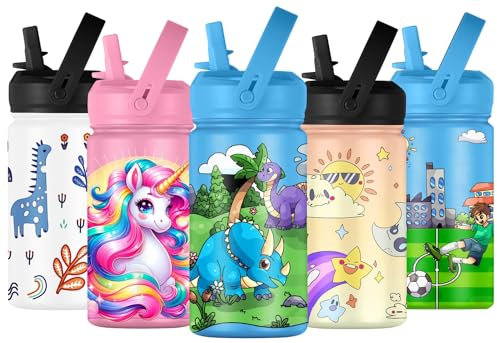 KELP Botella de Agua Niños, Botella de Agua de Acero Inoxidable Para Niños, Botella Térmica Para Niños, Apta Para Colegio, A Prueba de Fugas, Botella de Agua Acero Inoxidable Infantil (Dinosaurio)