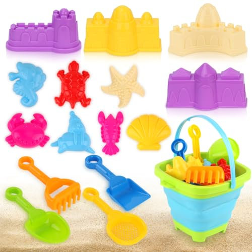 16 Pcs Kids Beach Sand Toys Sandcastle Building Kit, Toldder Play Sand Sit, Silicone Collapsible Castle Bucket, Spade, Animals Mould, Shovel, Baby Beach Travel Sandpit Toy Set
