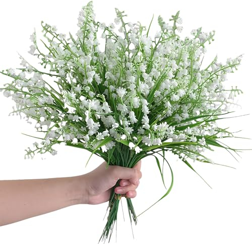 MHYMX Blumenstrauß Künstlich, 12 Bündel Deko Blumen Künstlich Maiglöckchen Kunstblumen für Draußen Weiß Blumen Wie Echt Outdoor Wetterfest Maiglöckchen Deko für Aufhängen Vasen Garten