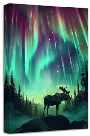 LZIMU Elch Wandbilder auf Leinwand Nordlicht Bild Wanddekoration Aurora Borealis Wildtier Hirsch Kunstdrucke Aurora Landschaftsbilder (Lila, 50.00 x 75.00 cms)