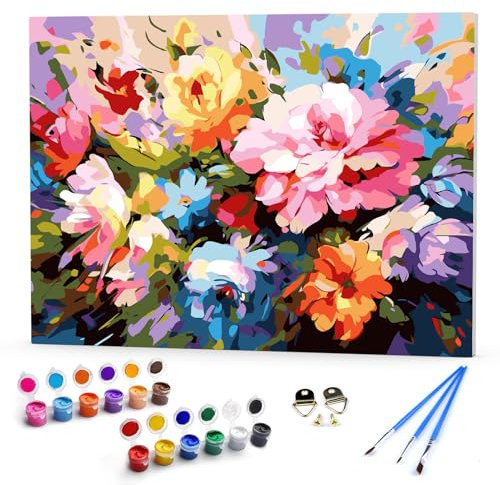DAERLE Peinture par Numéros pour Adulte avec Cadre, Peinture par numero Fleurs colorées, DIY Peinture Acrylique débutants avec peintures et pinceaux, Fagot de fleurs, décoration intérieure 40x30cm