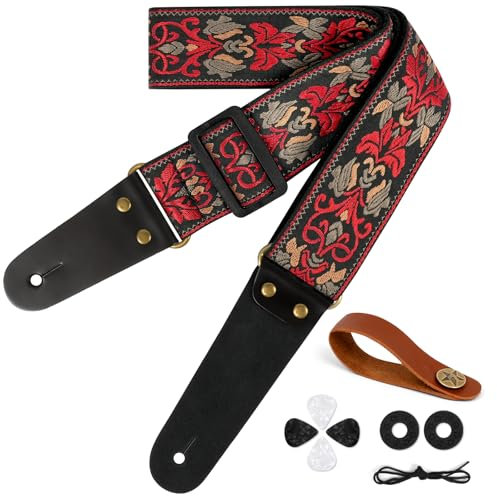 Aucuu Gitarrengurt, 2 Vintage bestickte Baumwolle Gitarrengurt, Verstellbarer Gitarrenband, Echtleder Enden für Bass Elektro Akustik, mit Gurtknopf 2 Gurtschlössern 4 Gitarrenplektren
