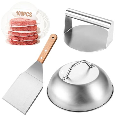 Carseatty Smash Burger Set, 4-Teilig Edelstahl Burger Set mit Burgerpresse, Burgerglocke, Grillspachtel und 100 Pcs Burger Papier, Burger Smasher Set für Leckere Hamburger, Patties, Speck, Steak