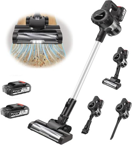 15kpa Powerful Cordless Stick Cleaner Vacuum with HEPA Filter, Car Hoover with Cordless Detachable Handheld Mode, Handheld Stick Vacuum with LED Light, 2 Pack 3000mAh Batteries