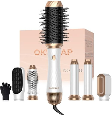Magic Styler Hair Styler OKWRAP 6 in 1 Air Styler Set Hair Dryer Brush with Curl Straighten, Volumise, Smooth and for Styling, Blow Dryer Brush Hot Hair Styler for All Hair Type/Length White