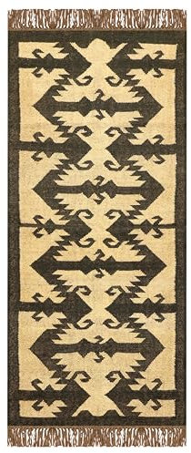 Indischer Juteteppich, 7,6 x 12,7 cm, strapazierfähig, Kelim-Teppich, Schwarz und Beige, Wolle, Jute, handgewebt, für drinnen und draußen, Flachgewebe, für Terrasse und Garten, Yogamatte