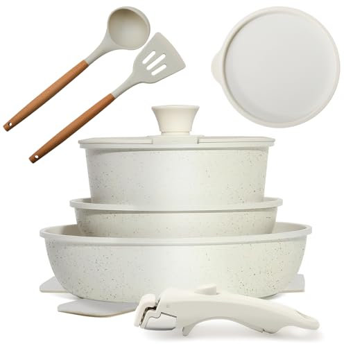 Numola 10 pcs Pots and Pan Set Non Stick with Detachable Handle, Ceramic Cookware Set for Stackable, Induction Kitchen Cookware Set for RV, Dishwasher ＆ Oven Safe, Cream White