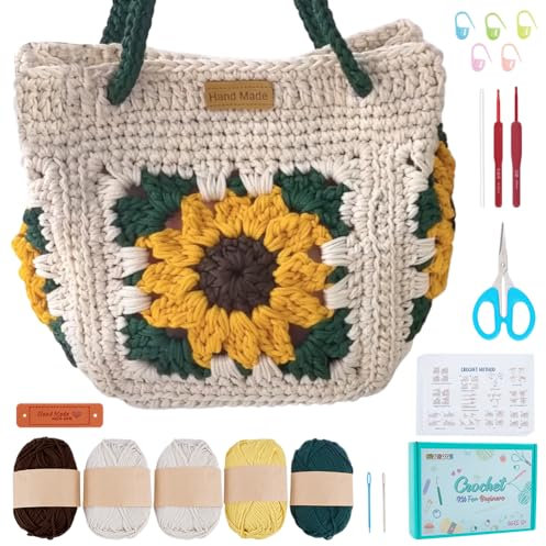 FREEBLOSS Häkelset Für Anfänger Häkeltasche Im Sonnenblumen Design Häkeltaschen Starterset Granny Square Häkel Tragetaschenset Strickset Mit Schritt Für Schritt Videoanleitungen
