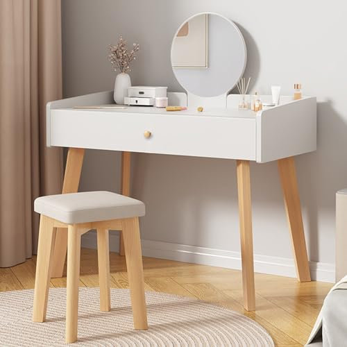 GLETSF Frisiertisch, Schminktisch Mit Rundem Spiegel Und Gepolstertem Hocker, Weißer Schminktisch Aus Massivholz Mit Schubladen, Für Schlafzimmer60x40cm/24x16in