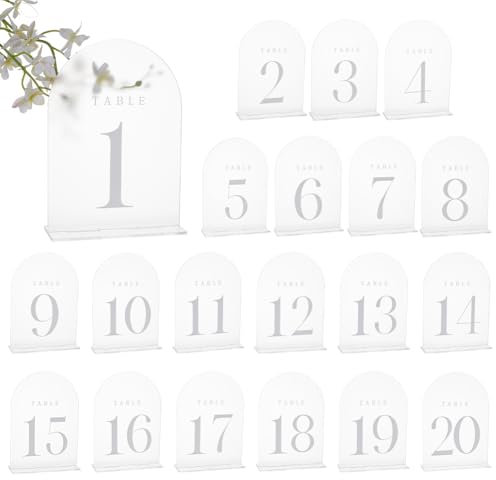 PH PandaHall 20 Sets gefrostete Tischnummern, Hochzeit Tischnummern Schilder Acryl-Tischnummern 1-20 Bogen Acryl Schild mit Ständer für Hochzeit Empfang Event Party Restaurant Klar 18x12.7 cm