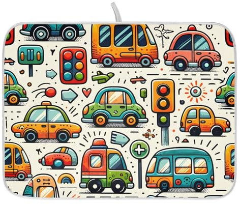 Abtropfmatte für Küchentheke, Cartoon-Autos, Kinderwagen, saugfähige Kaffeematte, rutschfest, Küchenzubehör, 40 x 45 cm
