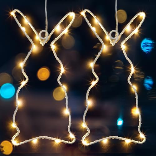 Fiada Osterdeko LED Fenster Licht Hängend Osterhasen Lichterkette Beleuchtet Zum Aufhängen Hasen Lichter Beleuchtung Ostern Lampen Mit Timer (Ohne Batterien) (hasen, 2 Set)