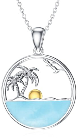 SLIACETE Palmen-Halskette für Frauen 925 Sterling Silber Ozeanwellen Anhänger, Halsketten mit natürlichem Larimar-Edelstein Schmuck Geschenk für Mama Frau
