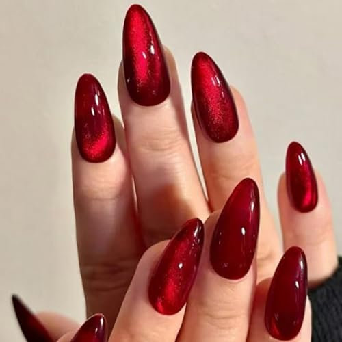 Red Cat Eye Press on Nails Medium Almond Shape, 24Pcs Acrylic Fake Nails Bling Glossy False Nail Tips, Reusable Artificial Full Cover Stick on Nail with Glue Stickers for Women Girls Daily Wear