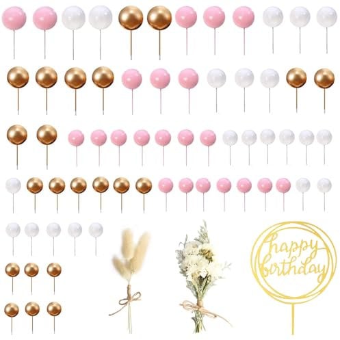 69 PCS Flower Cake Toppers Decorations, Pink Rose Gold Cake Decorations With 60 PCS Pink Cake Balls 2PCS Cake Flower 1 Cake Sign Insert Decoration For Baby Shower Diy Birthday Wedding Valentine's Day