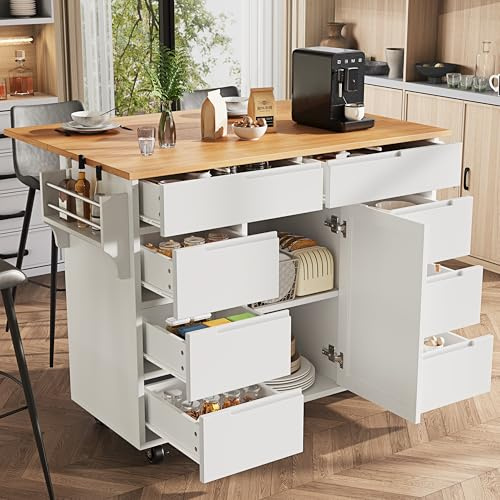 Oxtao Kücheninsel, Moderne Küchenschrank, Ausziehbarer Küchenwagen mit Rollen und Arbeitsplatte, Servierwagen mit Gewürzregal und 8 Schubladen (Weiß)